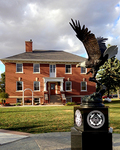The eagle centerpiece of the Military Honor Garden, with the beautiful Larson Center providing a backdrop.